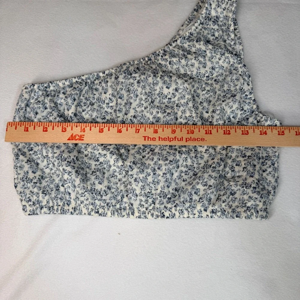 American Eagle Women One Shoulder Crop Top S Blue Floral Smocked 035-2351-5023